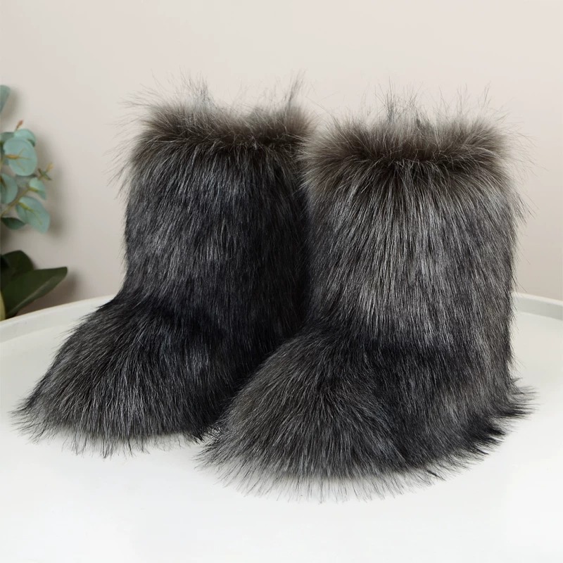 Dark gray faux fur snow boots.