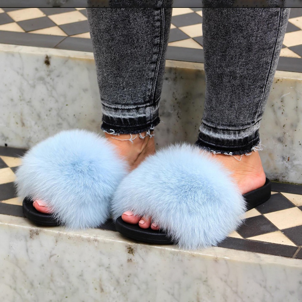 Real Fox Fur Slides – Ultra-Soft Cozy Slippers for Women - WGLUVF