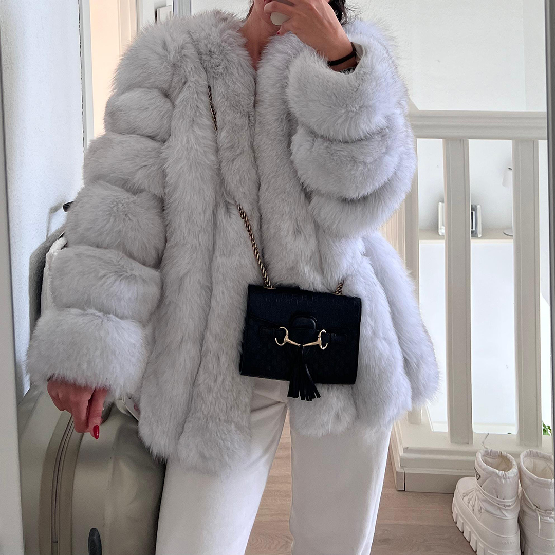 Classic Vertical  Real Fox Fur Short Winter Coat Jacket - WGLUVF