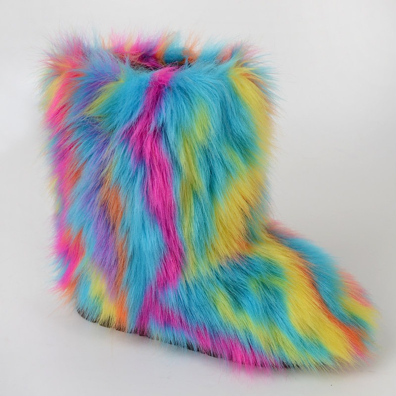 Rainbow colored artificial fox snow boots.