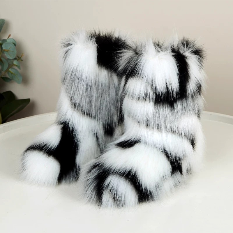 Black plus white faux fur snow boots.