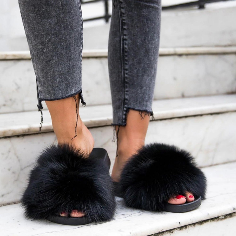 Real Fox Fur Slides – Ultra-Soft Cozy Slippers for Women - WGLUVF