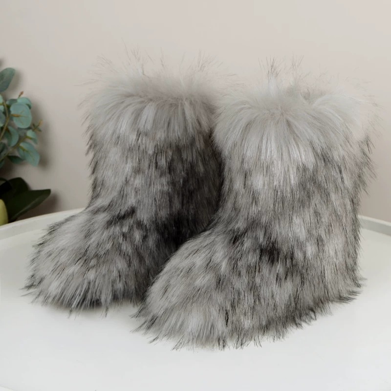 Light gray faux fur snow boots.