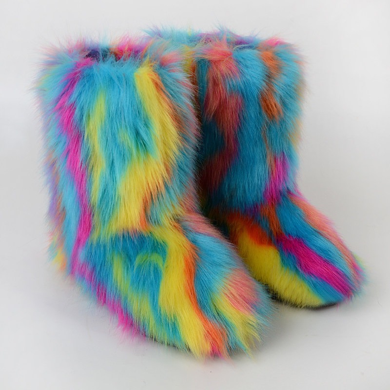 Rainbow colored artificial fox snow boots.