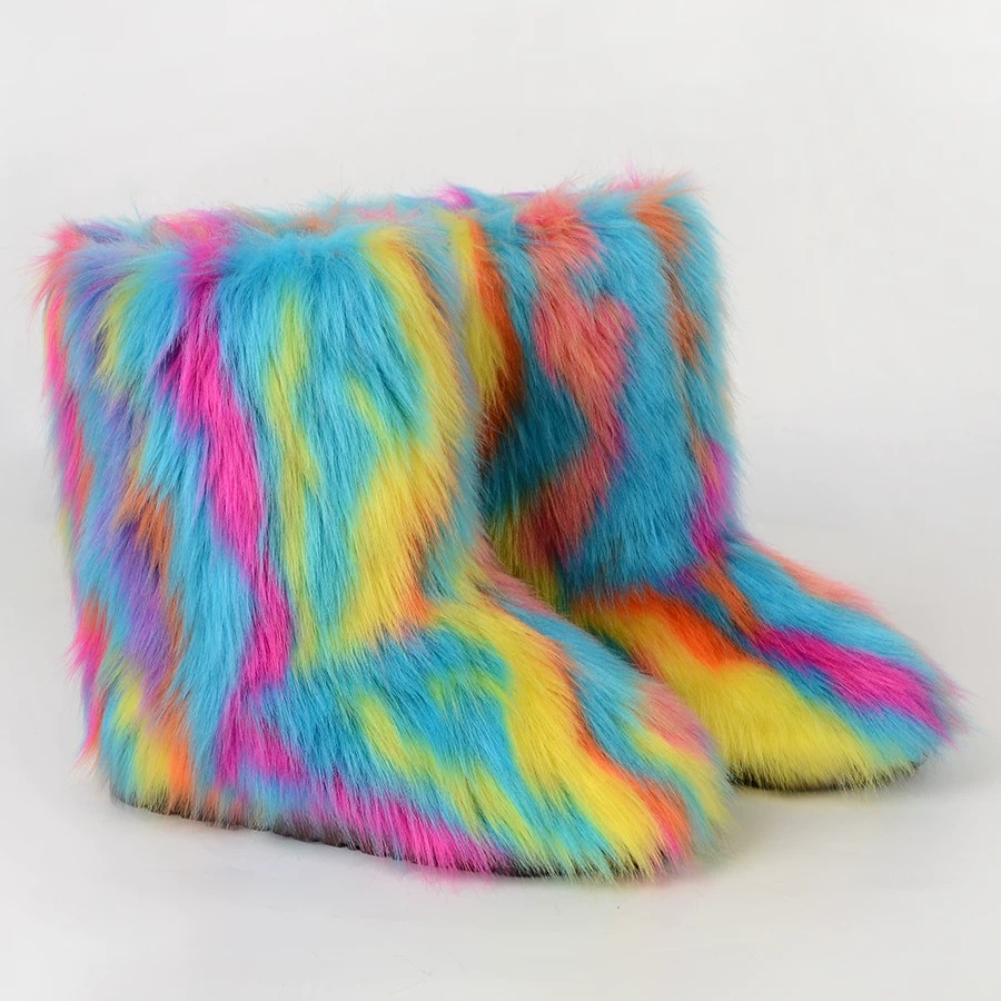 Rainbow colored artificial fox snow boots.