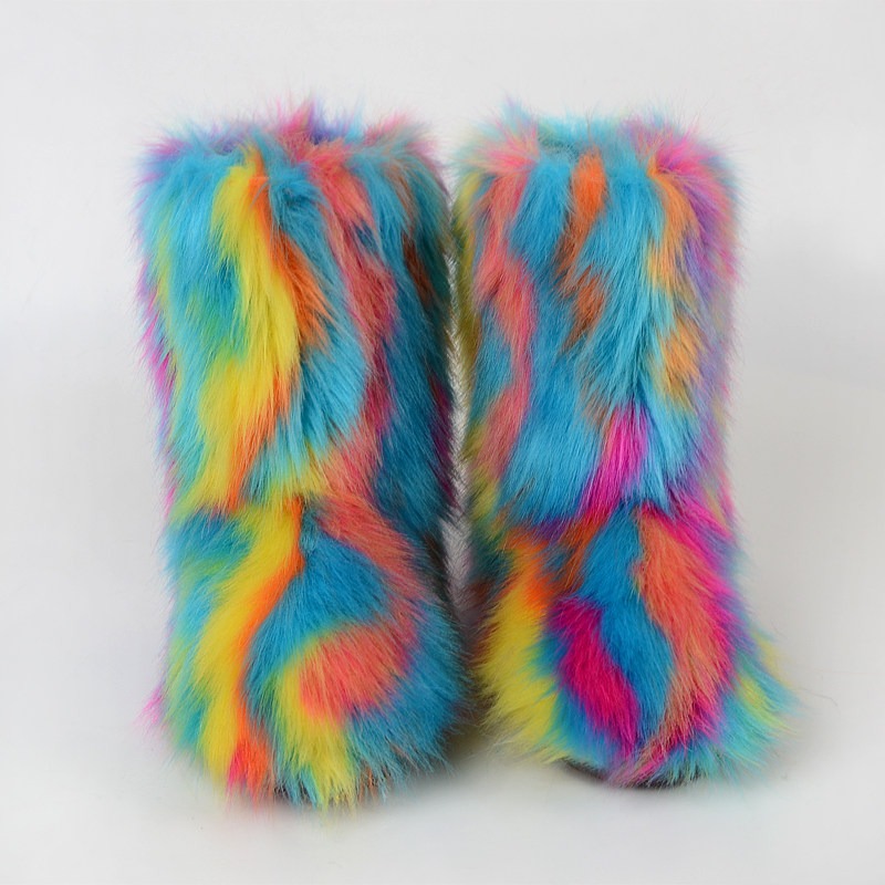 Rainbow colored artificial fox snow boots.