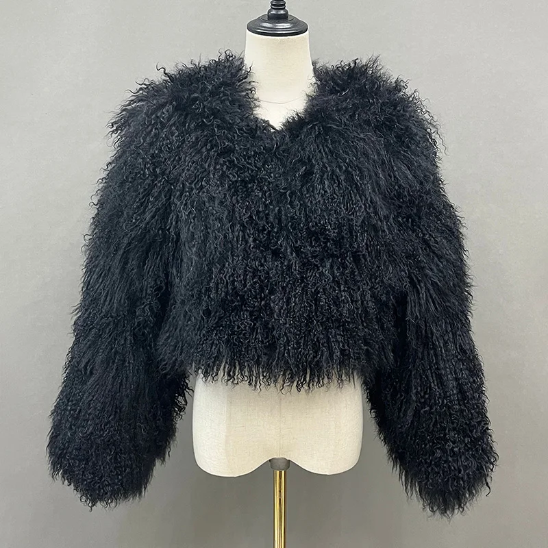 Lady Luxury Mongolian Sheep Fur Coats Winter Thick Warm Crop Jacket Natural Fur Coats Women  Mongolian Sheep Fur -series - WGLUVF