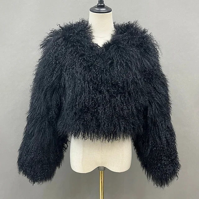 Lady Luxury Mongolian Sheep Fur Coats Winter Thick Warm Crop Jacket Natural Fur Coats Women  Mongolian Sheep Fur -series - WGLUVF