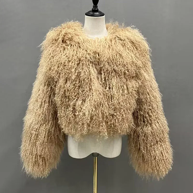 Lady Luxury Mongolian Sheep Fur Coats Winter Thick Warm Crop Jacket Natural Fur Coats Women  Mongolian Sheep Fur -series - WGLUVF
