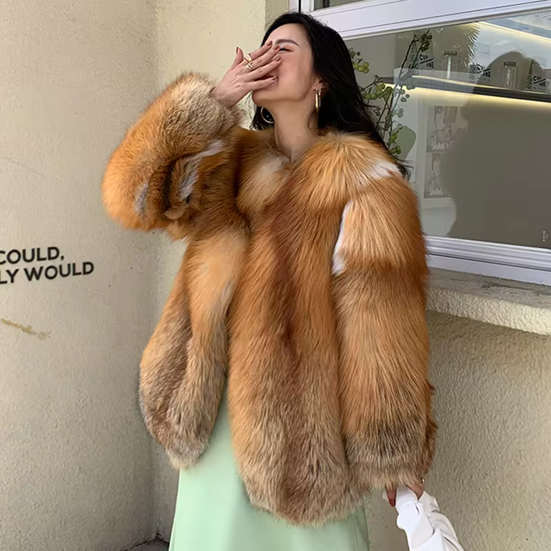 Red fox fur leather jacket, all fur - WGLUVF