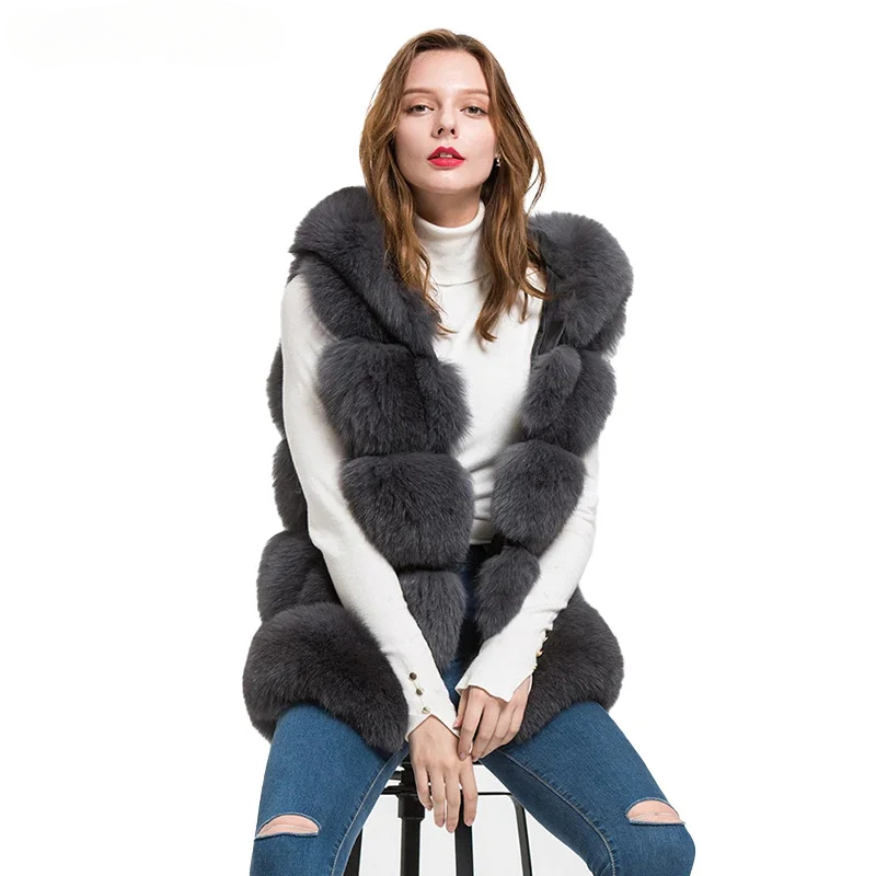 Women's natural fur hooded fox fur vest WG-5-row/70-hood - WGLUVF