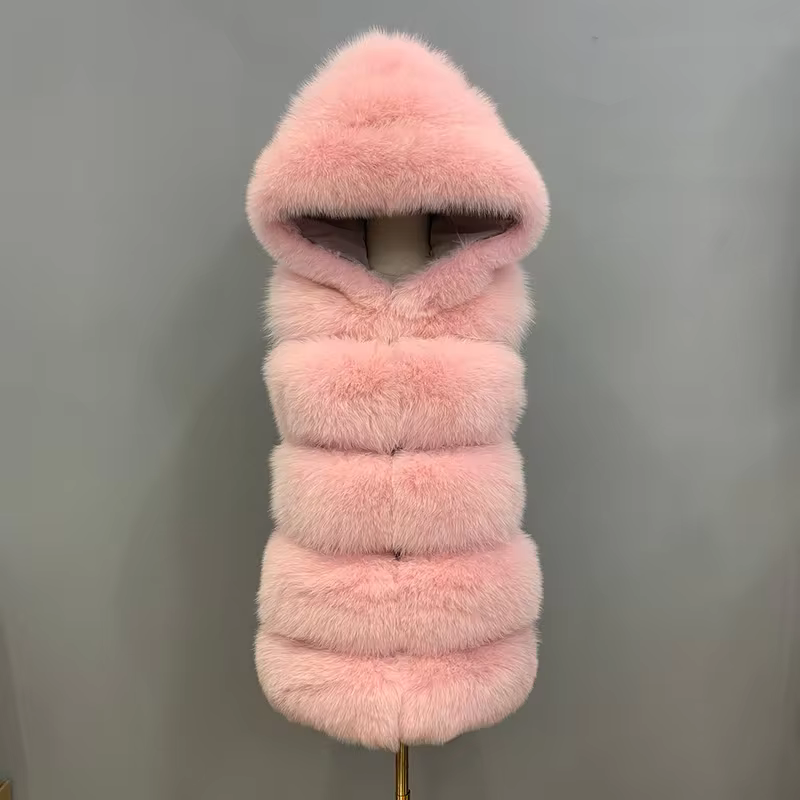 Women's natural fur hooded fox fur vest WG-5-row/70-hood - WGLUVF
