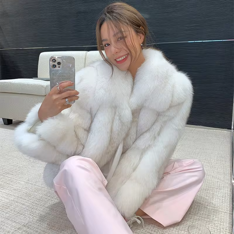 Fluffy natural fur leather jacket luxury lapel women's clothing - WGLUVF