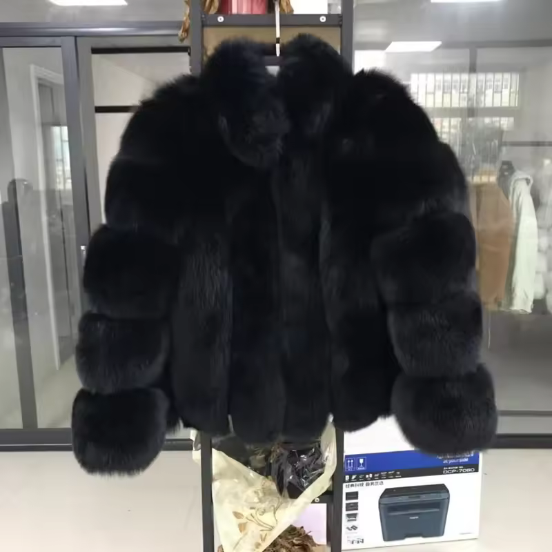Real fox fur coat, natural fur leather jacket, long sleeved stand up collar - WGLUVF