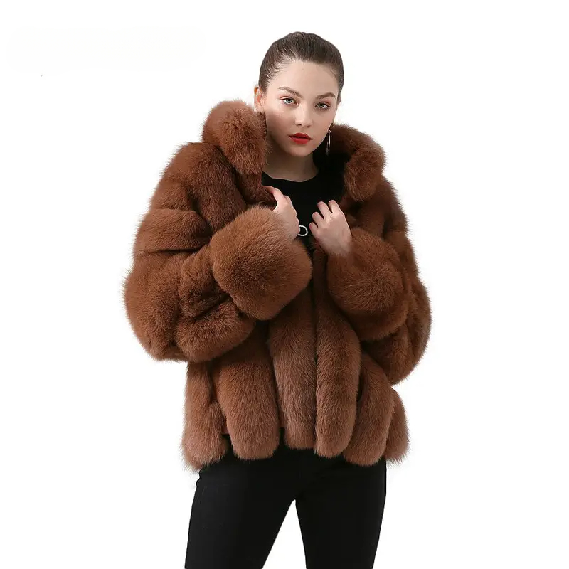 Real fox fur coat, natural fur leather jacket, long sleeved stand up collar - WGLUVF