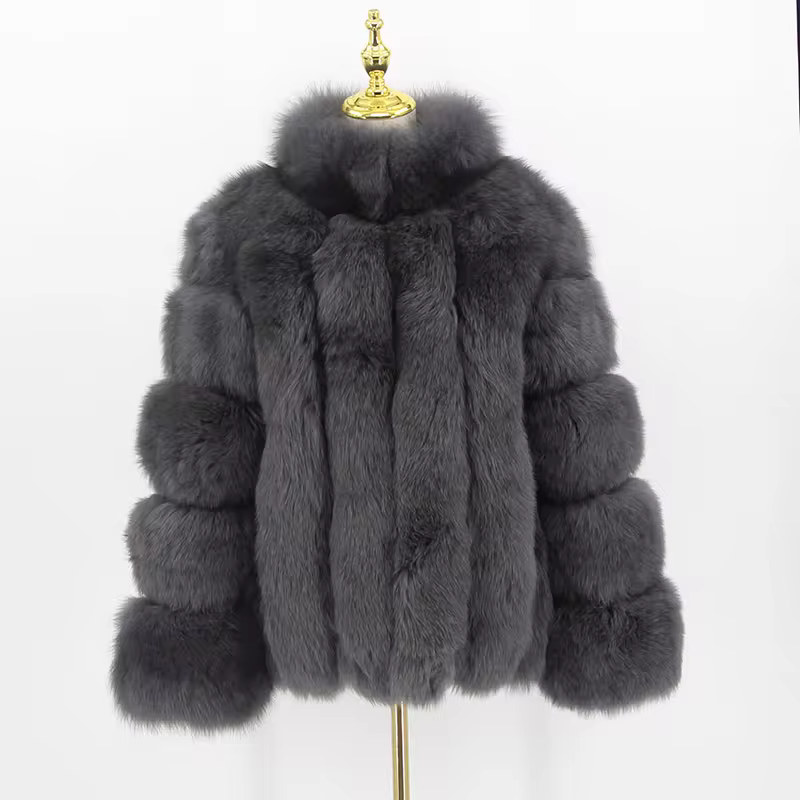 Real fox fur coat, natural fur leather jacket, long sleeved stand up collar - WGLUVF