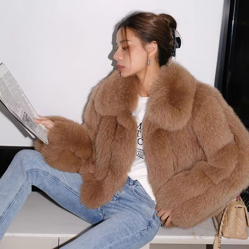 Fluffy natural fur leather jacket luxury lapel women's clothing - WGLUVF