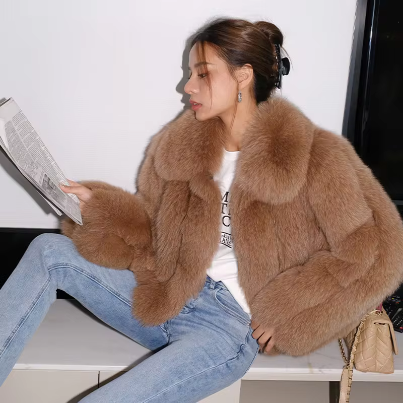 Fluffy natural fur leather jacket luxury lapel women's clothing - WGLUVF
