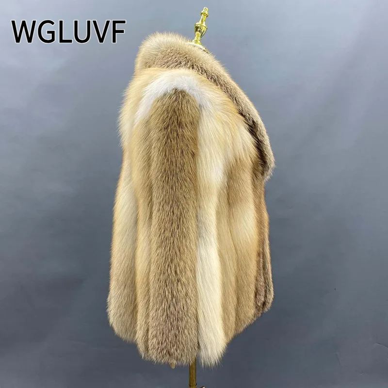 Fashion Natural Red Fox Fur Coat Women Warm Thick Big Shawl Fur Collar Coat - WGLUVF