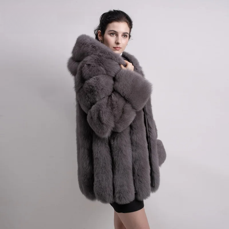 Women real fox fur coat long sleeves hood coat genuine fox outfit - WGLUVF