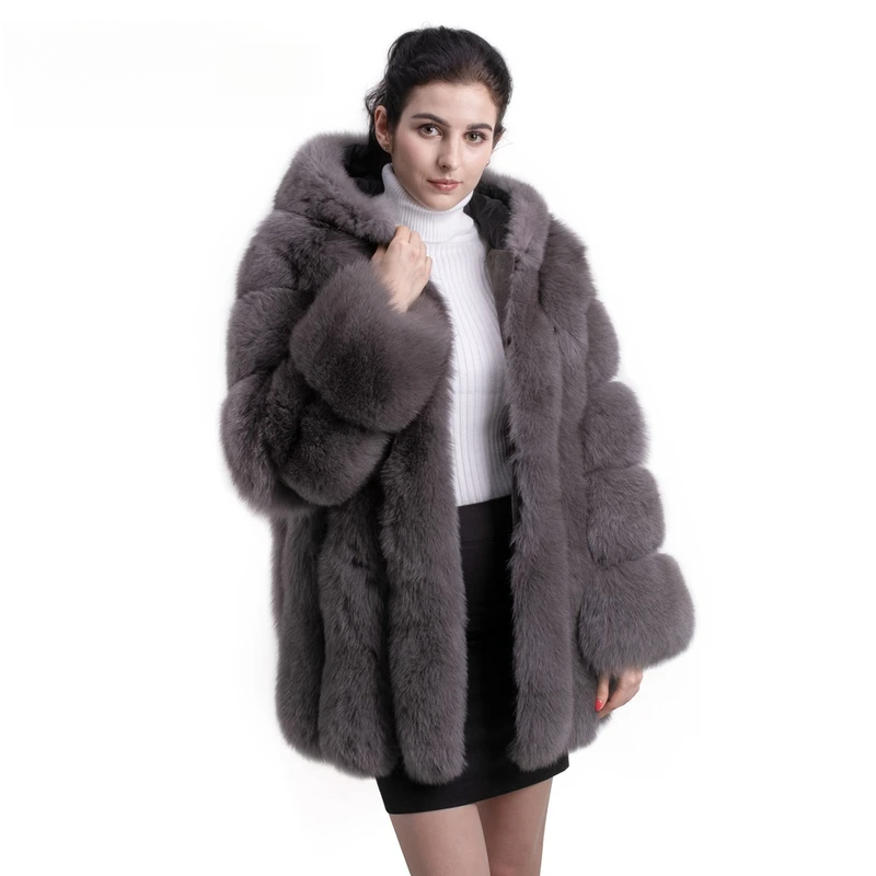 Women real fox fur coat long sleeves hood coat genuine fox outfit - WGLUVF