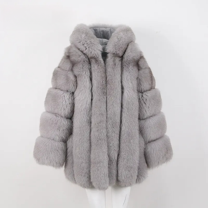Women real fox fur coat long sleeves hood coat genuine fox outfit - WGLUVF