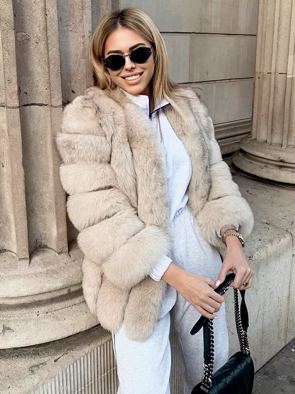 Large size ladies winter fox fur jacket long sleeve winter jacket ladies real fox fur coat leather jacket - WGLUVF