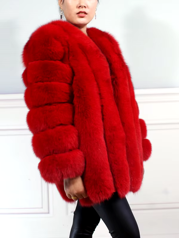 Large size ladies winter fox fur jacket long sleeve winter jacket ladies real fox fur coat leather jacket - WGLUVF