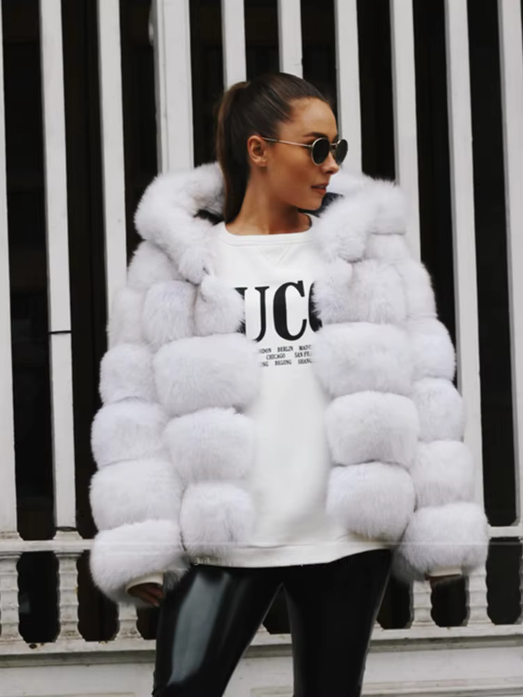 Fashion Winter Real Fox Fur Jacket Hat Oversized Hood Fur Fox Jacket Home Casual High Street Popular - WGLUVF