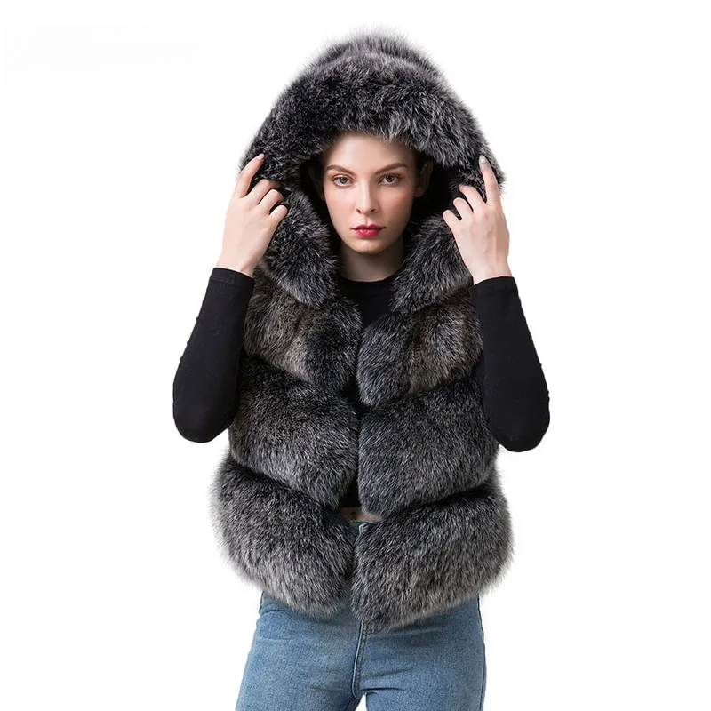 Women's fur real fox skin vest hood vest - WGLUVF