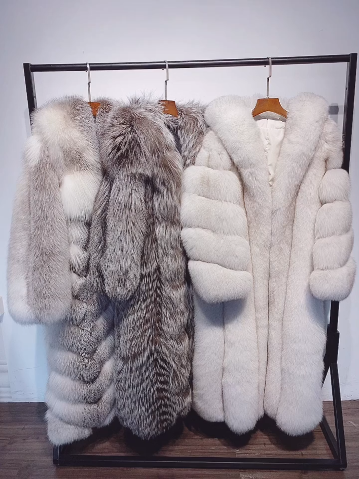 Long hooded real fox fur coat for luxurious winter warmth - WGLUVF