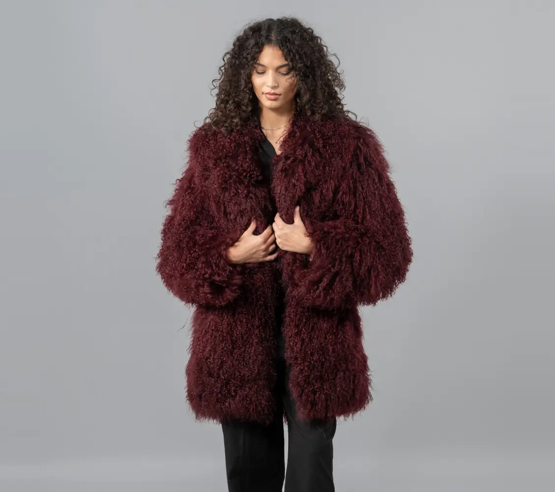 Wine red Mongolian sheepskin jacket with large V-neck