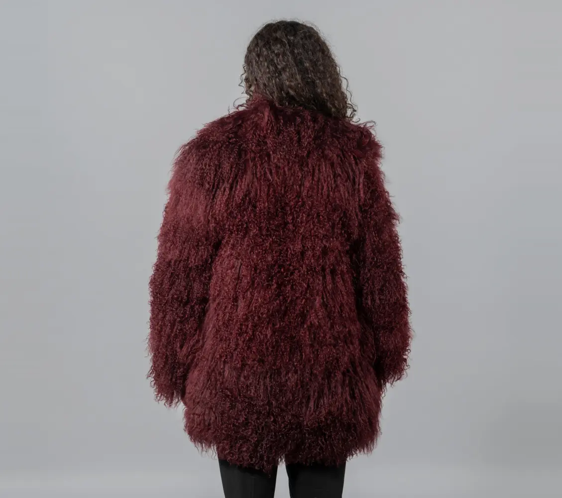 Wine red Mongolian sheepskin jacket with large V-neck