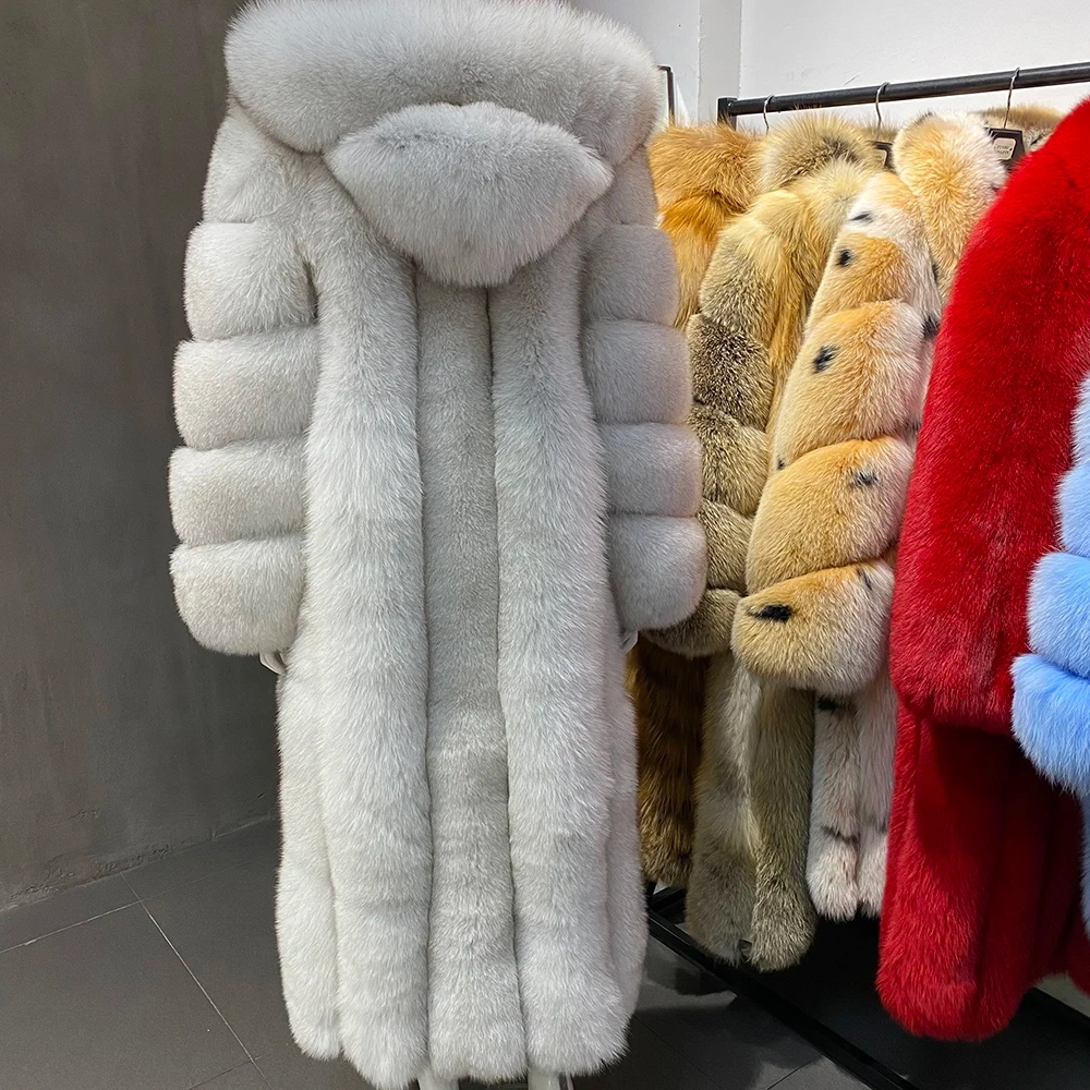 Long hooded real fox fur coat for luxurious winter warmth - WGLUVF