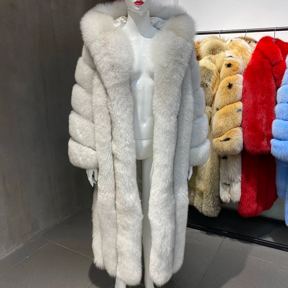 Long hooded real fox fur coat for luxurious winter warmth - WGLUVF