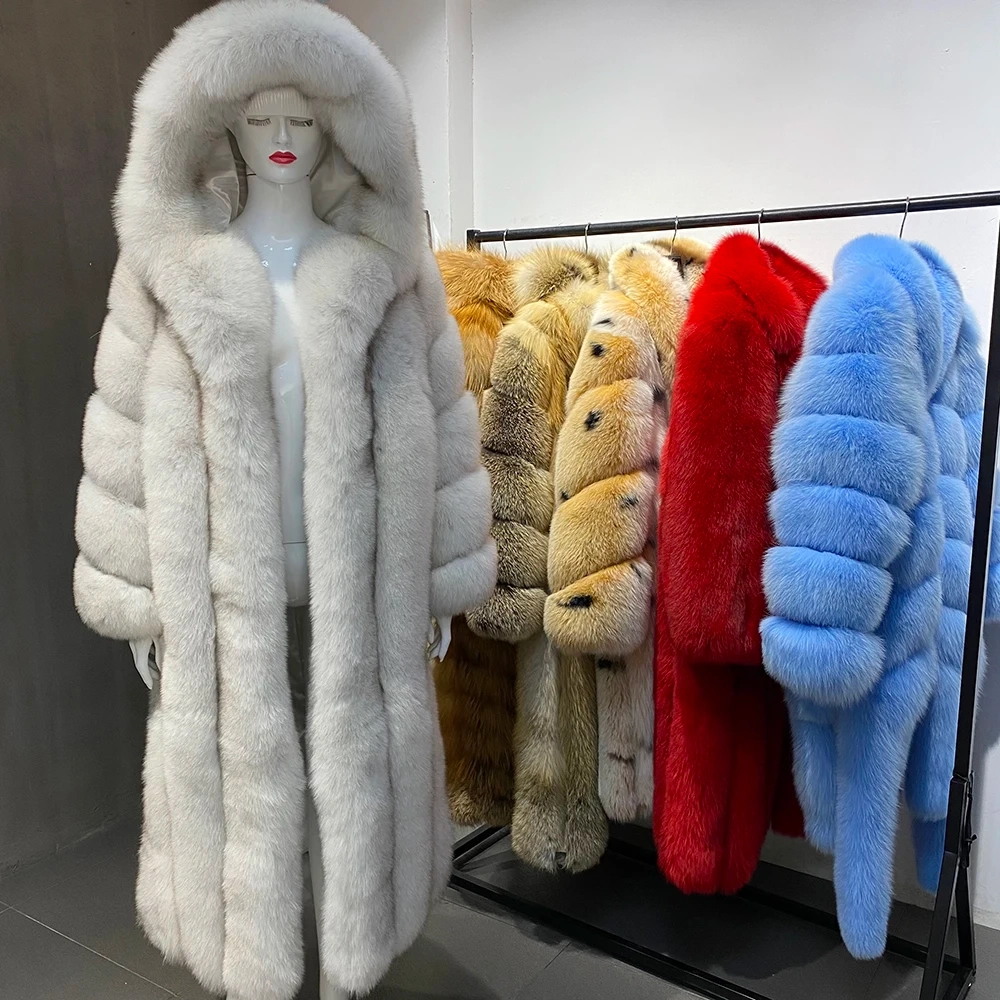 Long hooded real fox fur coat for luxurious winter warmth - WGLUVF