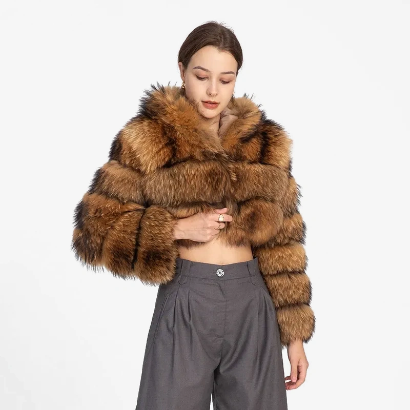 Raccoon hat pocket short coat fur coat - WGLUVF