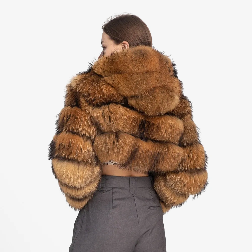 Raccoon hat pocket short coat fur coat - WGLUVF