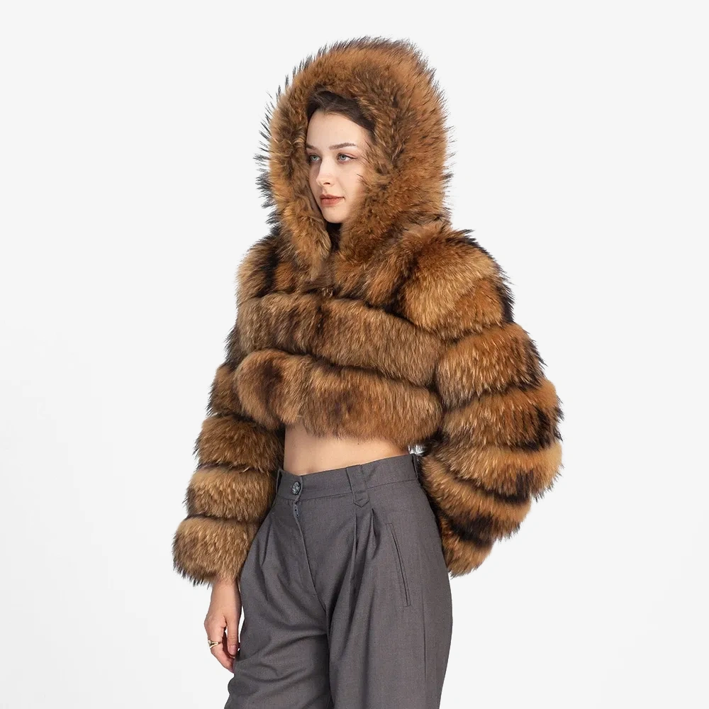Raccoon hat pocket short coat fur coat - WGLUVF