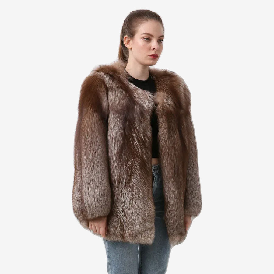 Silver Fox Fur Coat With Vertical Stripes Made Of 100% Genuine Fur - WGLUVF