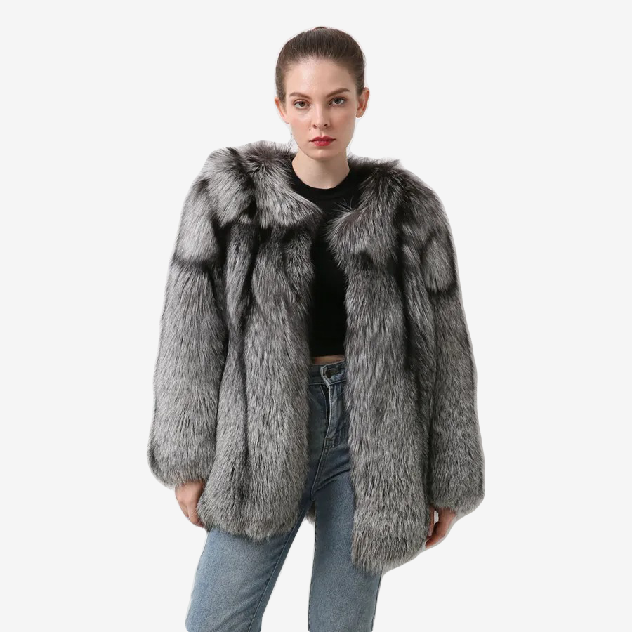Silver Fox Fur Coat With Vertical Stripes Made Of 100% Genuine Fur - WGLUVF