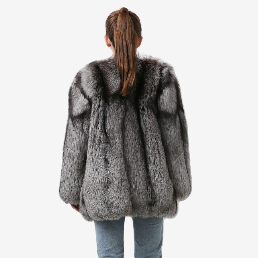 Silver Fox Fur Coat With Vertical Stripes Made Of 100% Genuine Fur - WGLUVF