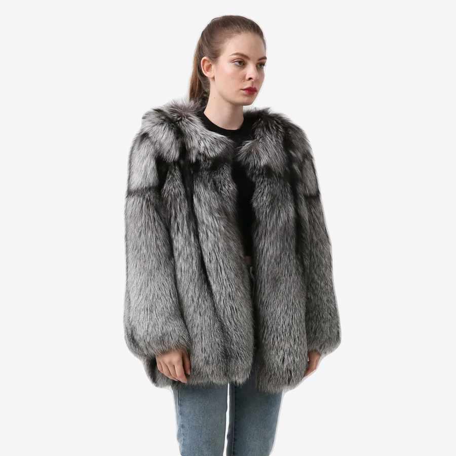 Silver Fox Fur Coat With Vertical Stripes Made Of 100% Genuine Fur - WGLUVF