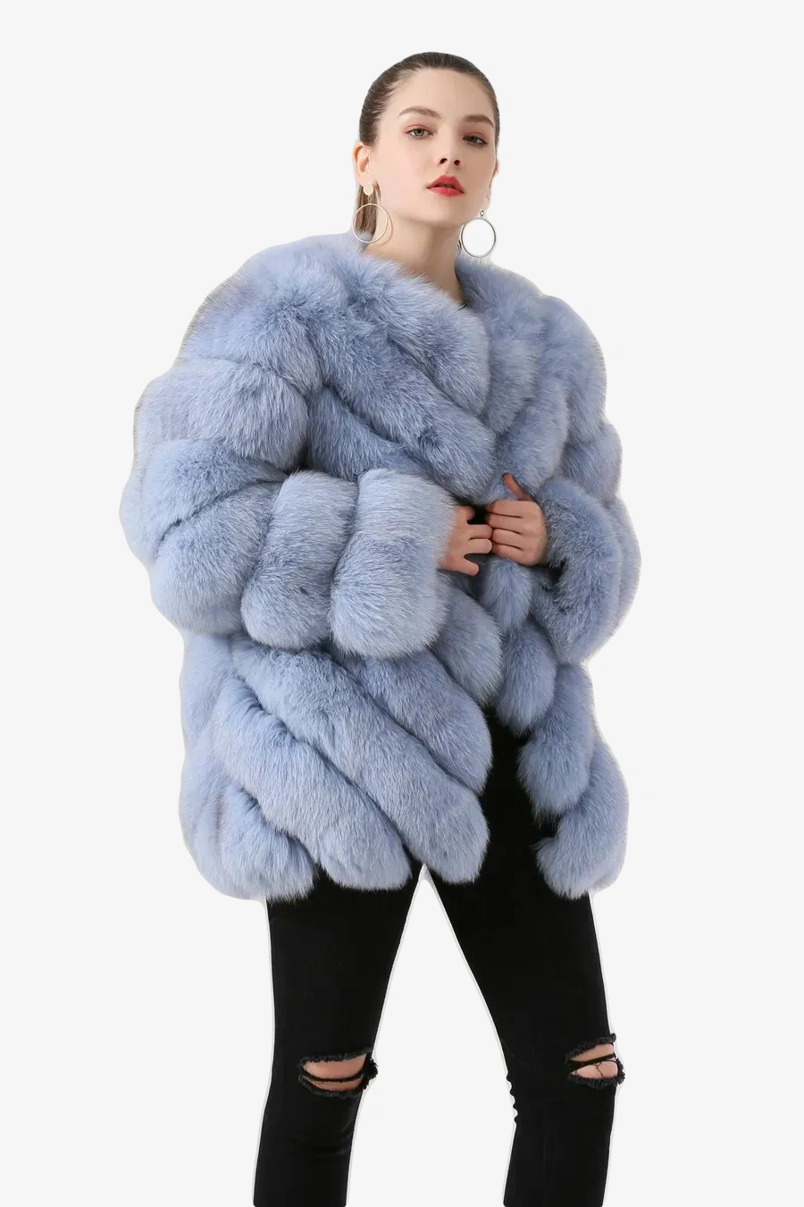 Real fox fur coat long sleeved women's diagonal pattern - WGLUVF