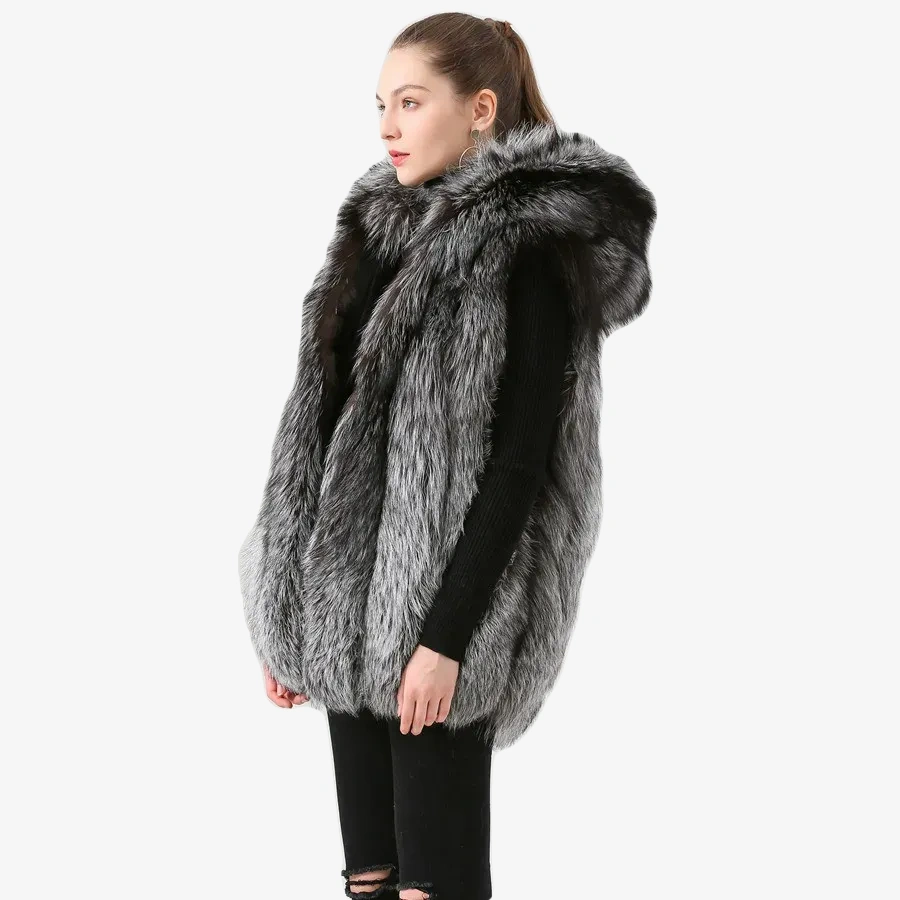 Women winter real fox fur vest fur hood gilet sliver fox fur coat - WGLUVF