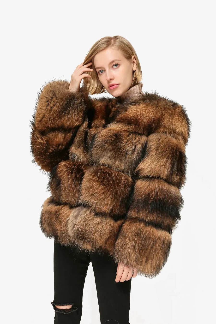 Women's winter real wash bear skin coat fluffy wide row sharp fur coat - WGLUVF