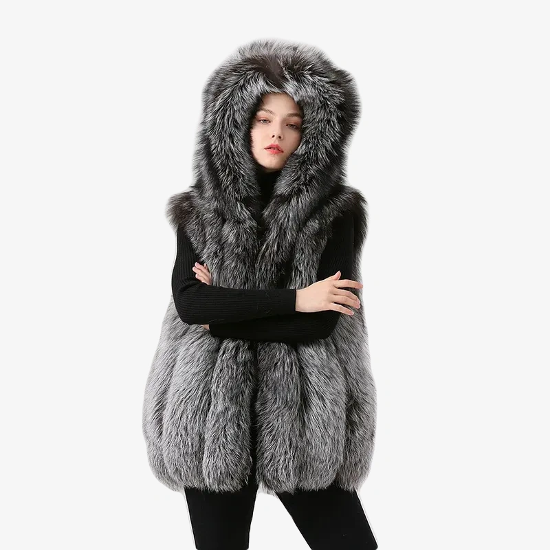 Women winter real fox fur vest fur hood gilet sliver fox fur coat - WGLUVF
