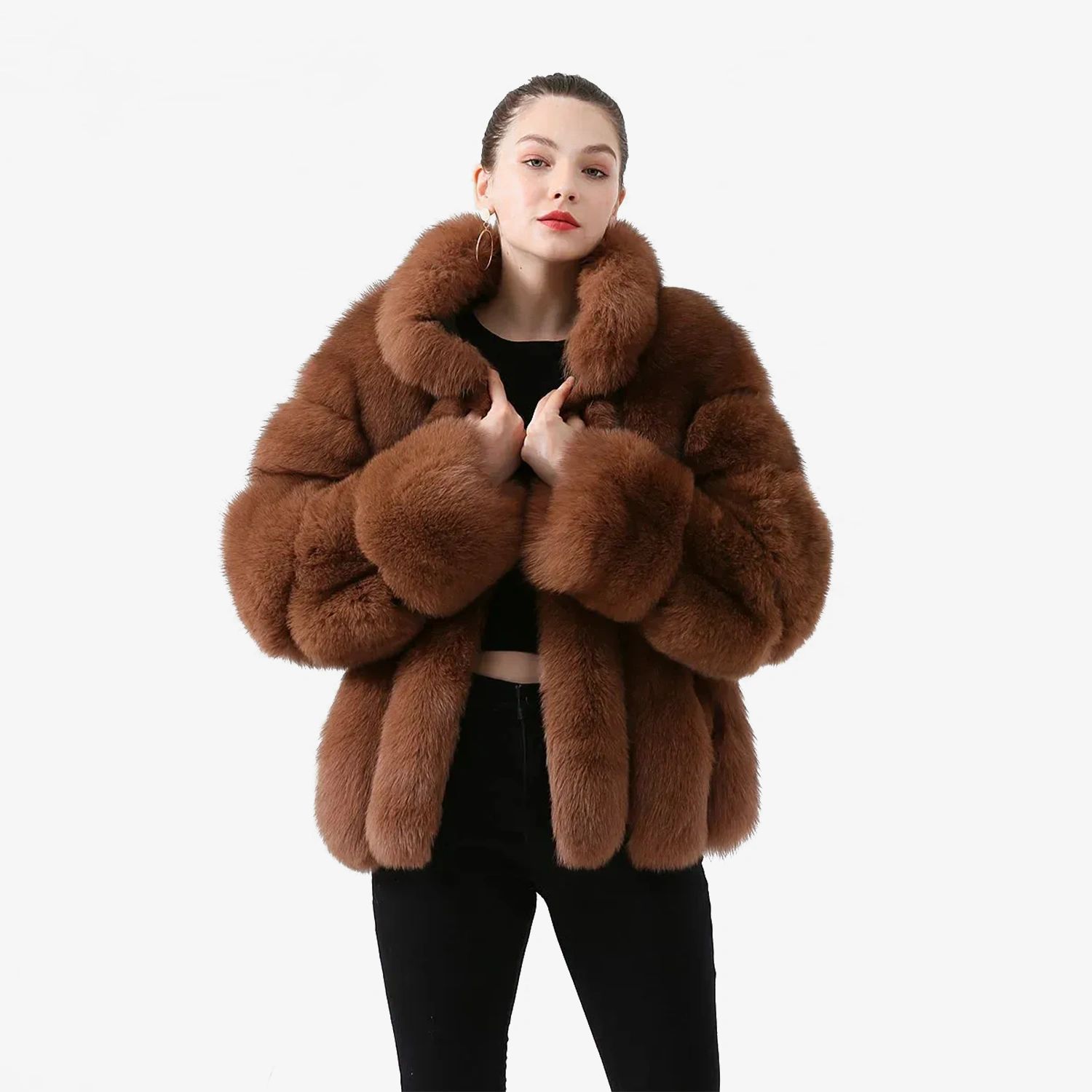 Real fox fur coat, natural fur leather jacket, long sleeved stand up collar - WGLUVF