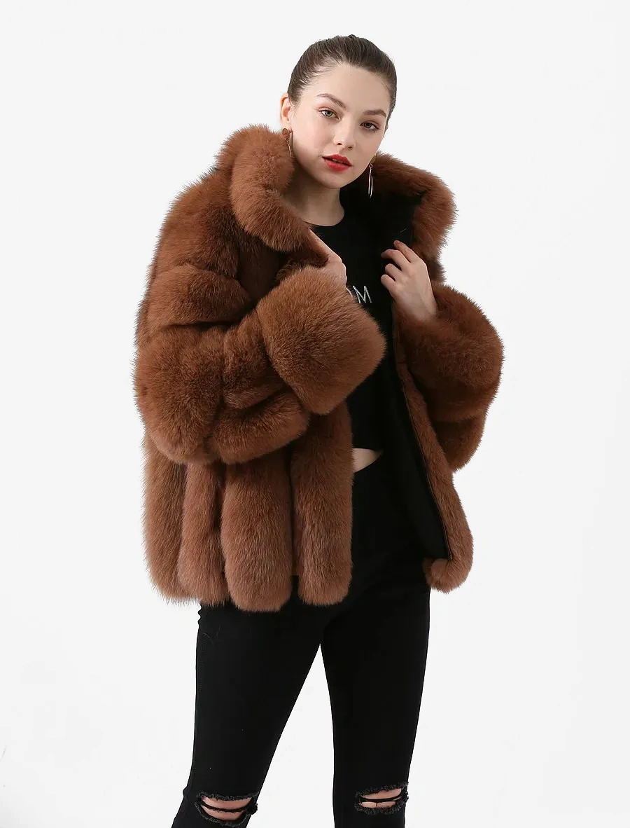 Real fox fur coat, natural fur leather jacket, long sleeved stand up collar - WGLUVF
