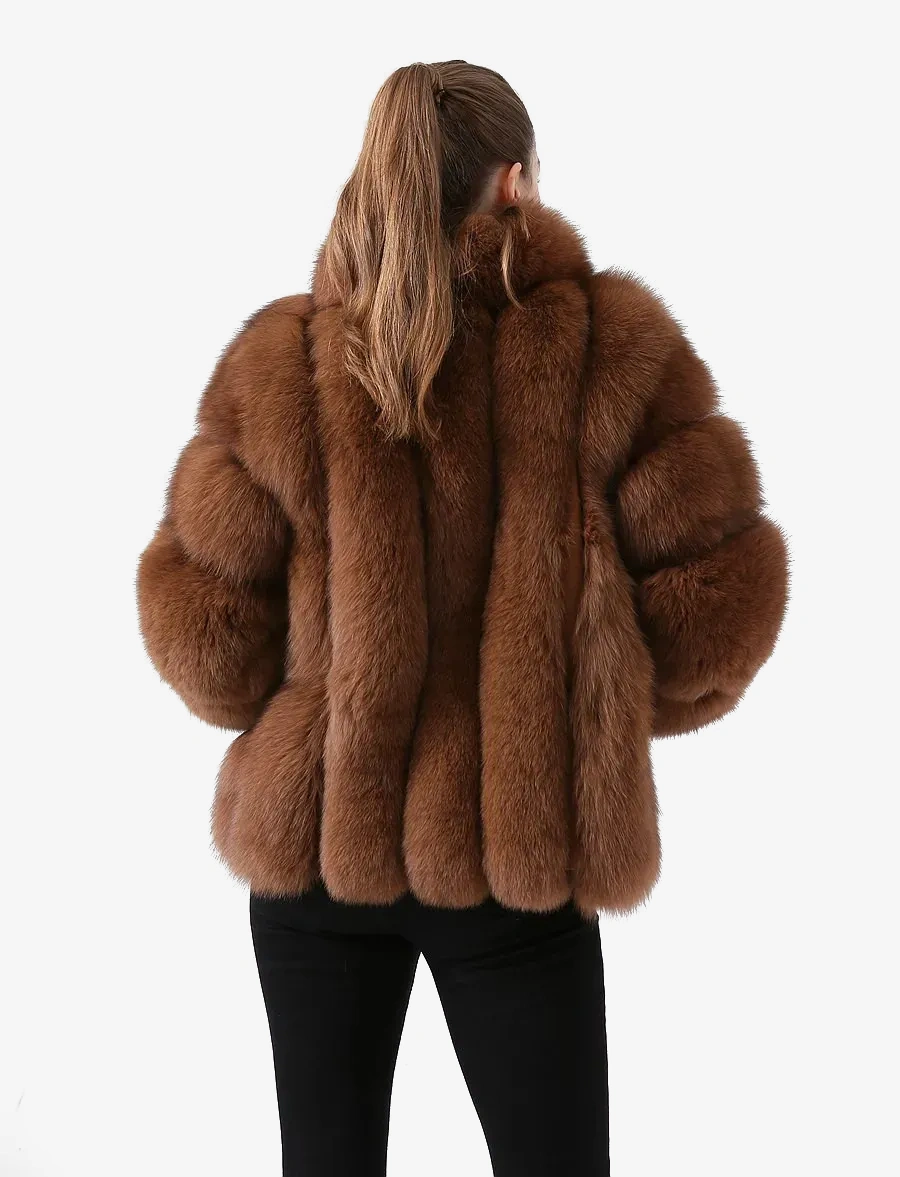 Real fox fur coat, natural fur leather jacket, long sleeved stand up collar - WGLUVF